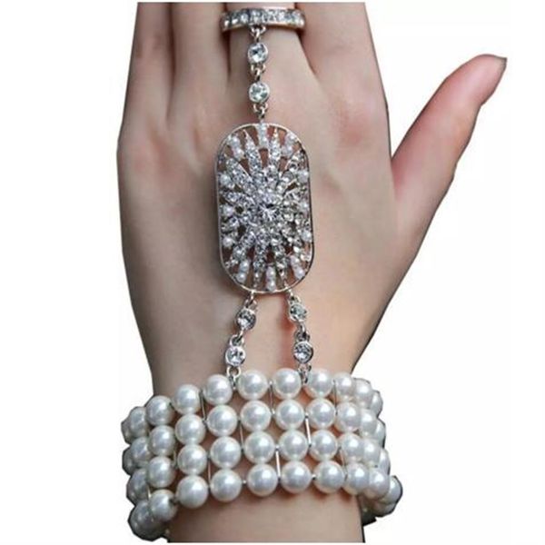 En stock Listo para enviar accesorio de boda Pulsera nupcial de cristal con cadena de mano con anillo 285S
