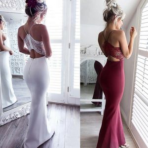 In voorraad Sexy Mermaid Avondjurken Spaghetti Slim Fit Kant Prom Jurk Vloer Lengte Goedkope Criss Cross Straps Partyjurken