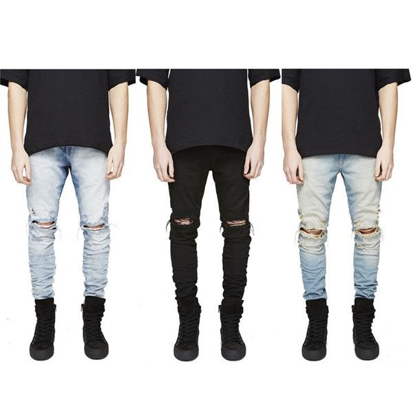 En Stock Slim Fit Ripped Jeans Hommes Hi-Street Hommes Distressed Denim Joggers Genou Trous Lavé Détruit Plus La Taille