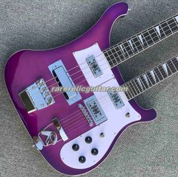 En stock trans Purple Double Neck 4003 4 picaduras de bajo eléctrico 330 360 12 cuerdas Guitarra de guitarra Triangular de perla Hardware cromado