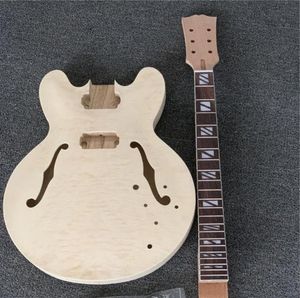 En stock, el kit de guitarra eléctrico de jazz sin terminar W F Holes W acolchado Maple Top Semi Hollow Body Diy Guitar sin piezas de guitarra 8557109