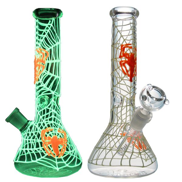 En stock Unique Spider Web Bongs 9 pouces Hookahs 5mmThick 18mm Femelle Joint Dab Rigs Glow In The Dark Glass Bongs Avec Bol Difffused Downstem