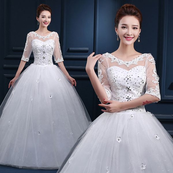 En Stock Ivoire Robe De Bal Robes De Mariée Moins De 100 Cou Sheer Etage Longueur Dentelle Tulle Perlé Cristal À Lacets 3 4 Manches Robes De Mariée Pas Cher