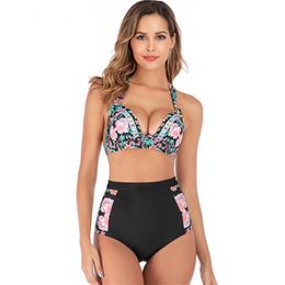 En stock Maillots de bain pour femmes licol taille haute solide imprimé multicolore fendu deux pièces bikini bande de cou sexy maillot de bain 15 couleurs ottie