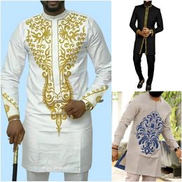 Costumes pour hommes, ensemble 2 pièces, tenue à manches longues, haut décontracté brodé et pantalon de couleur unie, costume ethnique africain 231229