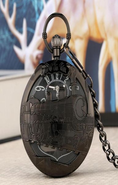 Dans le Sky Musical Pocket Watch Antique Black Steampunk Train Retro Pendant Music Pocket Clock With Fob Chain New 20201906180