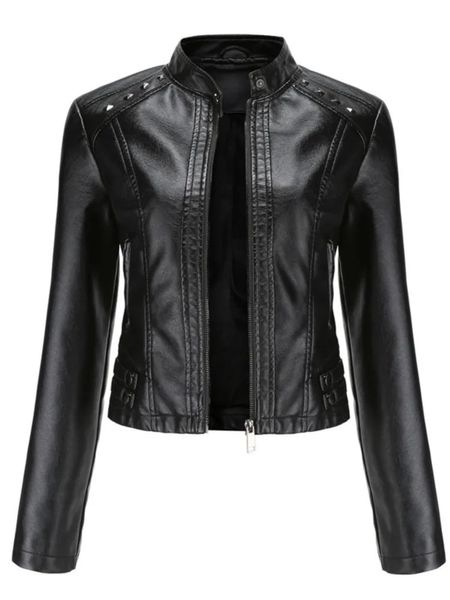 En femmes Sring automne noir vestes en simili cuir fermeture éclair Rivet court manteau de base mode mince femme moteur Biker Pu veste 231228