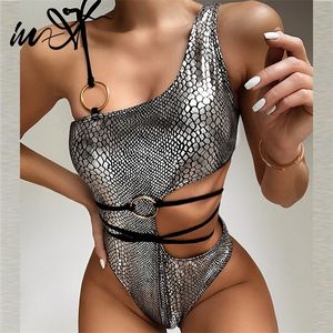 In X 2020 Zilver Snake Print 1Pc Badpak Vrouwelijke String Monokini Sexy Een Schouder Badmode Vrouwen Hollow Out badpak T200708