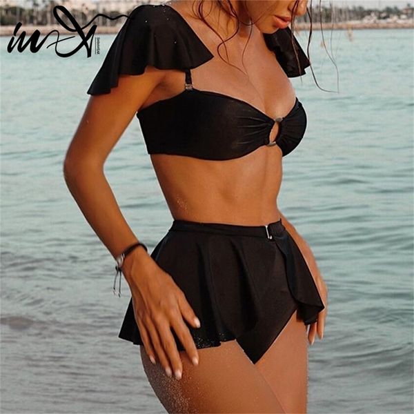 In-X maillot de bain noir avec jupe sexy bikini taille haute 2020 Ruffle maillot de bain femme maillots de bain femme épaule rétro maillot de bain LJ200814