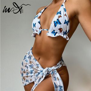 In-X papillon imprimé maillot de bain femmes Triangle maillots de bain femme jupes 3 pièces ensemble Micro bikini brésilien 2021 String maillot de bain X0522