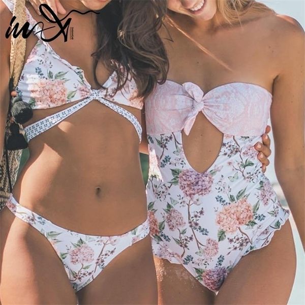 En X Tallas grandes Traje de baño Mujer Estampado floral 1 pieza Traje de baño Monokini femenino Recorte Bikini 2020 Traje de baño con nudo sexy Nuevo XL T200708