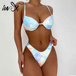 In-X Tie-Dye Badmode Vrouwelijke Hoge Cut Badpak Dames Push Up Bikini 2021 Undereded Bathing Pak Sexy 2 Stuks Set Swim Suit Nieuwe X0522