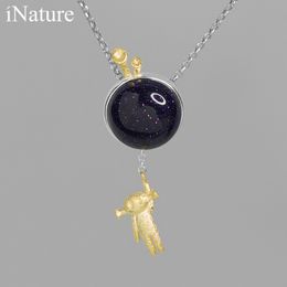 INATURE 925 Sterling Silver Blue Sandstone Intelligent Extraterrestres Pendentif Collier Pour Femmes Bijoux Q0531