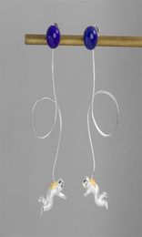 INATURE 925 STERLING Silver Lapis Lazuli Space Astronaute Long Tassel Drop Orees Boucles pour femmes bijoux de mode CX200624300Y8258044