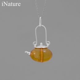 INATURE – théière en ambre naturel, collier avec pendentif en argent Sterling 925 pour femmes, bijoux fins Q0531