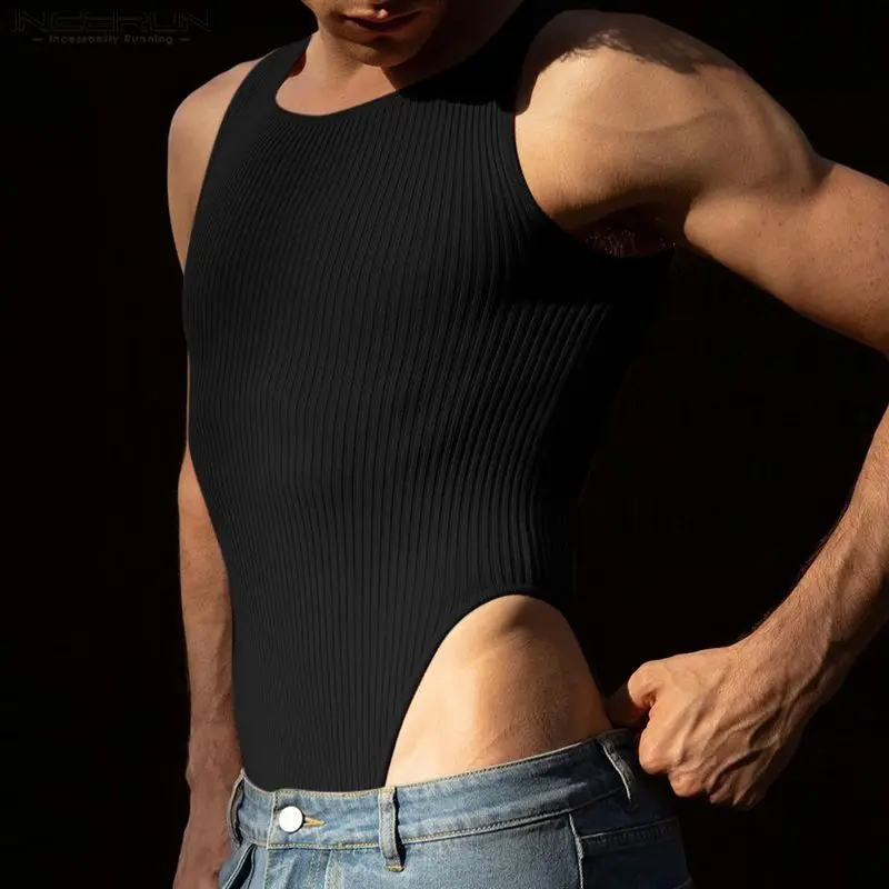 Incerun 2023 Sexy modieuze nieuwe mannen bodysuits strakke o-neck rompers casual all-match gestreepte holle vaste kleur bodysuits s-5xl