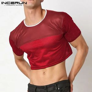 INCERUN 2024 Men Crop Tops Patchwork O-Neck Seck Sheve T-Shirts Streetwear Voir à travers Sexy Party Fashion Men Clothing S-5XL 240524