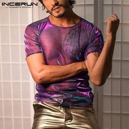 Incerun American Style Casuai Tees Streetwear Seethrough Twotone Flash Party Nightclub Shiny Short Sleeved T -shirts S5XL 220526