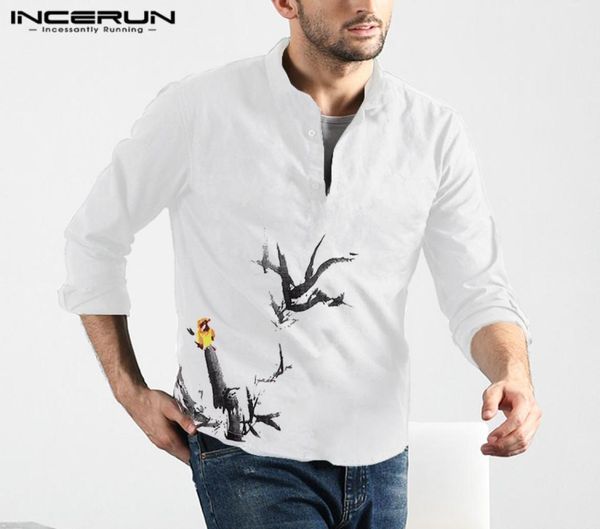 Camisetas de marca INCERUN, camisa informal de manga larga con estampado de pájaros para hombre, blusa cómoda de algodón con cuello levantado y un solo pecho para hombre 20194359083