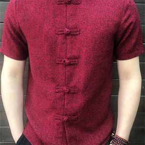 INCERUN estilo chino camisa de hombre botón soporte cuello manga corta Casual suelta Tops Color sólido Vintage Tang traje camisas 220621