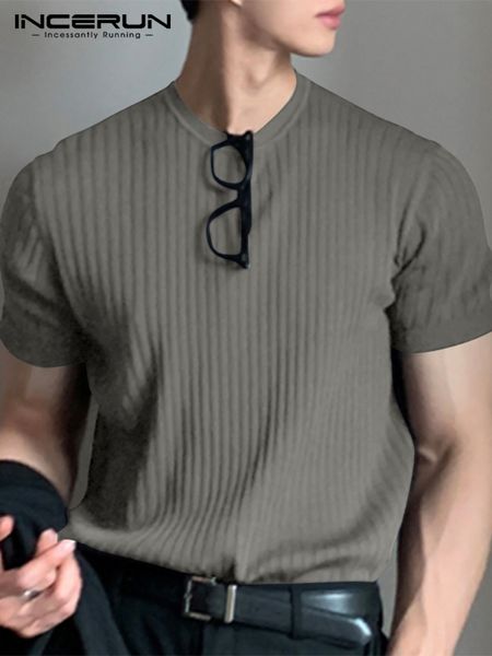 INCERUN Moda Casual Estilo Nuevos Hombres O-cuello Diseño Nicho Camiseta Elegante Rayas Sólido Cómodo Camisetas de manga corta S-5XL