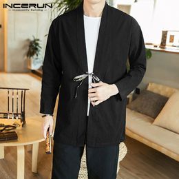 Incudun mode mannen effen kleur lange mouwen jassen cardigan casual harajuku retro katoen baggy heren kimono jassen streetwear