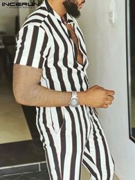 Incerun Fashion Men Sets Striped Shear Kapel Camiseta de manga corta Pantalones largos Dos piezas Conjuntos Men trajes casuales S-5XL 7 240402
