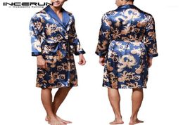 Incerun mode satin en soie pyjamas pour hommes robe manches longues peignoir de la robe imprimée dragon chinois