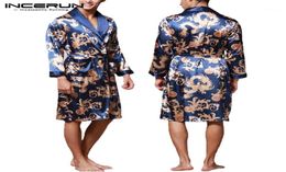 Incerun mode satin en soie pyjamas pour hommes robe manches longues peignoir de la robe imprimée dragon chinois