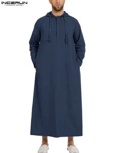 Incerun Jubba islámica Thobe Camisas de túnica larga con capucha Saudita Árabe Kaftan Long Jubba Thobe Hombre Muslim Men Abaya Clothing 240328