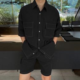 Incerun Koreaanse stijl Herensets Lijn splitsing Ontwerp Korte mouwen shirt Shorts Casual streetwear Male twopeage S5XL 240518