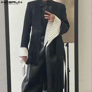 INCERUN Mannen Blazer Geplooide Patchwork V-hals Lange Mouw Open Stitch Casual Onregelmatige Pakken Mannen Streetwear Dunne Jassen S-5XL 240221