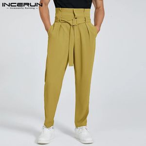 Incerun Men Casual Pants Joggers Hoge taille Streetwear Losse broek met riem vaste kleur mode vrije tijd pantalon S-5XL 240429