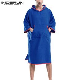 Ropa de dormir para hombres INCERUN Hombres Albornoces con capucha Homewear 2021 Bolsillos de patchwork 3/4 Manga de ocio Robes Secado rápido suelto para hombre Poncho de playa S-5X