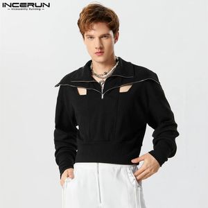 INCERUN Männer Hoodies Einfarbig Zipper Revers Langarm Aushöhlen Männlich Crop Sweatshirts Streetwear Casual Pullover S-5XL 240106