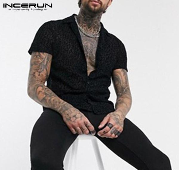 INCERUN hommes maille chemise imprimé léopard Transparent à manches courtes Streetwear Camisas 2020 revers Sexy mode fête discothèque chemises7590435