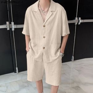 Incerun Men Sets Solid Color Streetwear Rapel Rapel Korte Mouw Shirt Shorts Twee stukken losse Koreaanse heren Casual Suits 240517
