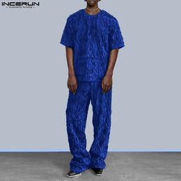 INCERUN hommes ensembles couleur unie Streetwear plissé surdimensionné col rond manches courtes t-shirt pantalon 2 pièces mode costumes décontractés 240220