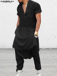 Incerun Men stelt vaste vintage moslim kledingstandaard Kraagkraag met lange mouwen shirt dropcrotch broek 2 stks mannen casual pakken S-5XL 240415