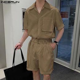 INCERUN Mannen Sets Streetwear Zomer Effen Revers Korte Mouw Shorts Met Riem 2 STKS Koreaanse Mode Heren Pakken S-5XL 240311