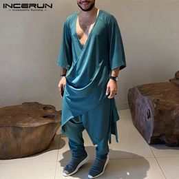 Incerun Men Sets V cou de V 3/4 à manches en lacet de chemise irrégulière Pantalon Kaftan 2pcs Vêtements musulmans solides Hommes décontractés Suite S-5XL 240415