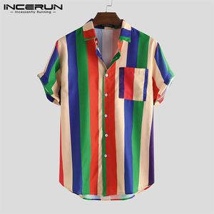INCERUN hommes chemise à manches courtes revers coloré rayé Streetwear Blouse décontracté mode ample hawaïen plage chemises été 2020254Y