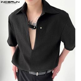 INCERUN hommes chemise rayé revers à manches longues Style coréen mode hommes vêtements Streetwear translucide mode chemises décontractées 240314