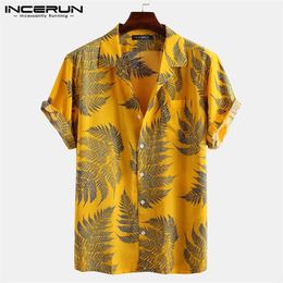 INCERUN Hommes Chemise À Manches Courtes Revers Imprimé Feuille Tropicale Motif Floral Chemise Casual Été Hawaïen Vacances Camisa Tops S5XL 220527