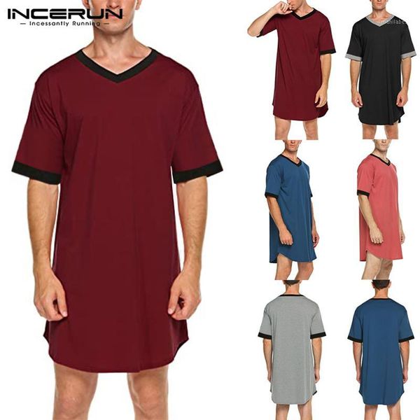 Ropa de dormir para hombres INCERUN Batas de dormir para hombres Camisón de manga corta con cuello en V Ropa de casa Cómodo Patchwork Suelto Albornoces para hombres Bata S-5X