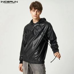 INCERUN Hombres Sudaderas Color Sólido PU Cuero Con Capucha Manga Larga Moda Casual Sudaderas Con Capucha Streetwear Punk Hombres Jersey S-5XL 240106