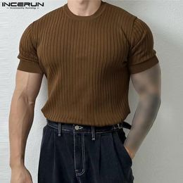 INCERUN hommes t-shirt couleur unie rayé Oneck manches courtes Streetwear vêtements de sport été Fitness mode t-shirt hauts 240220