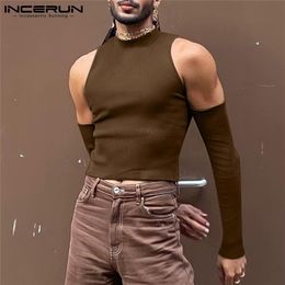 INCERUN Mannen T-shirt Effen Kleur Coltrui Lange Mouw Off Schouder Casual Camisetas Hollow Out Streetwear Sexy Crop Tops 220621