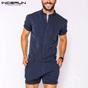 INCERUN Gestreepte Mannen Rompertjes Ademend Opstaande Kraag Korte Mouw Joggers Speelpakjes Streetwear Mode Jumpsuits Shorts S5XL 240228