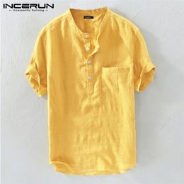 INCERUN été chemises décontractées pour hommes col montant chemisier en coton solide à manches courtes Streetwear marque chemises Harajuku Camisas Hombre 220527
